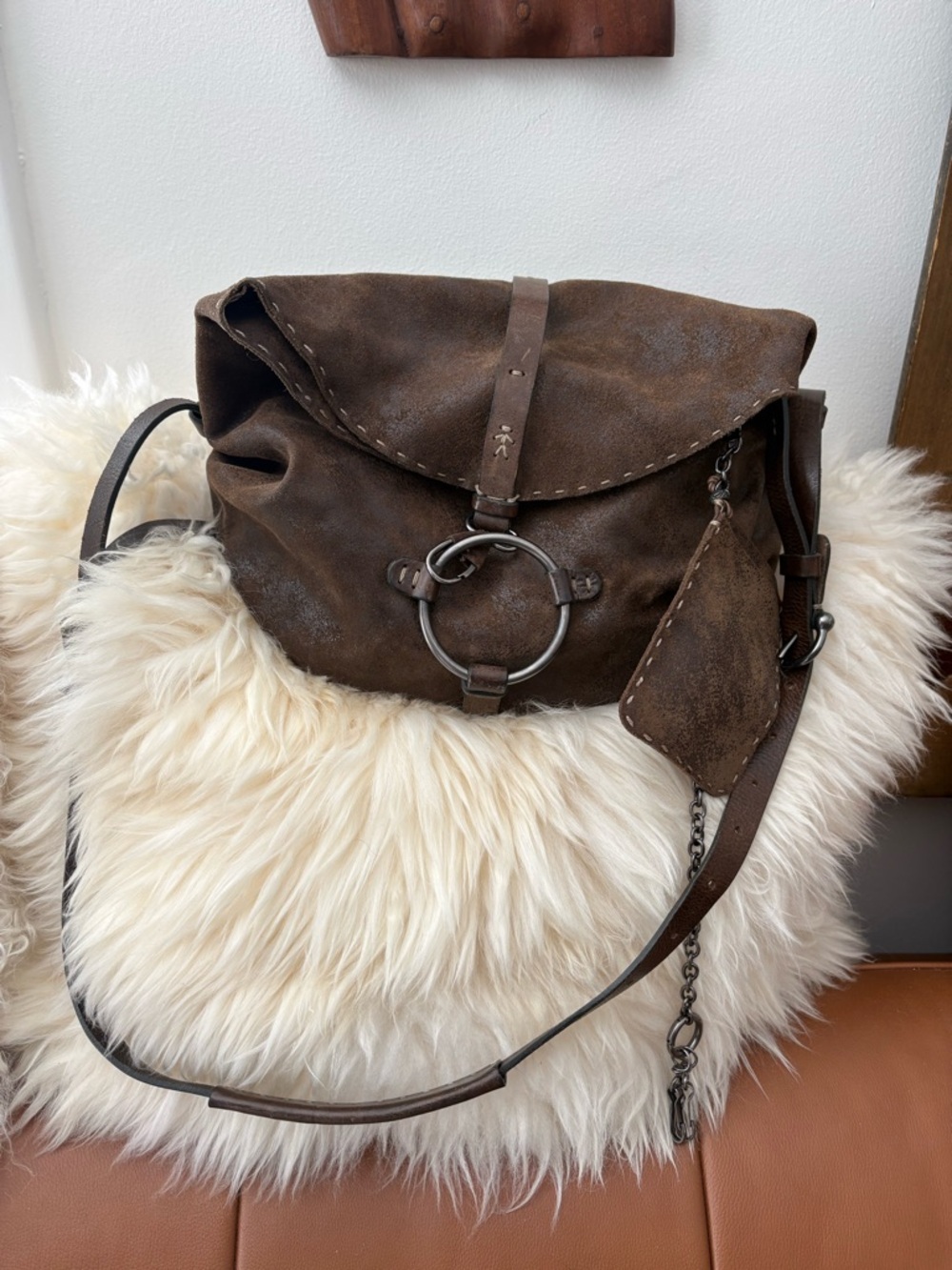 Henry Beguelin Metalic Brown Leather Crossbody Bag with O Ring Boho Hippie